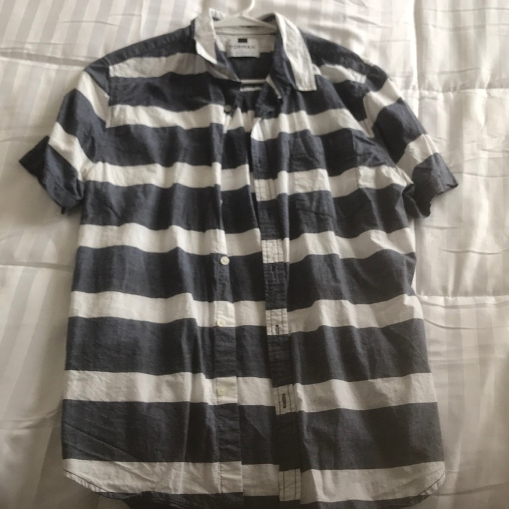 Blue and white striped short sleeve button up